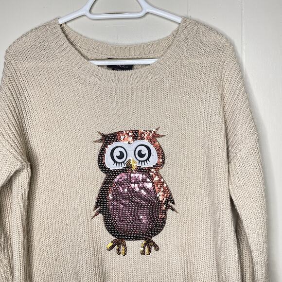 Hooked Up Sequined Owl Tan Chunky Knit Sweater Med - Picture 4 of 4